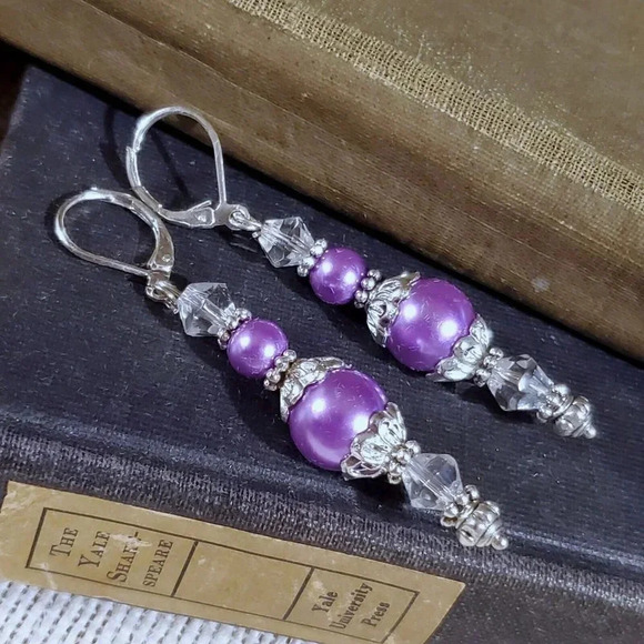 Art Nouveau Purple Glass Pearl Silver Plated Handcrafted Dangle Earrings - Picture 8 of 11